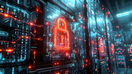 Obraz premium Cybersecurity System: Digital Lock Illuminates Network Security in Futuristic 3D Illustration