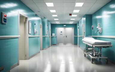 Obraz premium Hospital hallway with sterilized white walls, fluorescent lighting, clean tiled floor, and medical equipment on standby, conveying professionalism