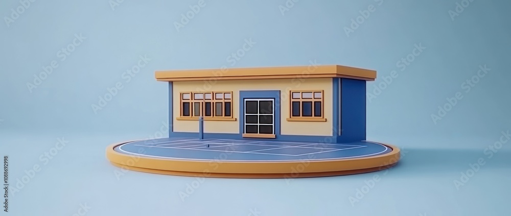 Poster a colorful, stylized building with a circular base and a blue background.
