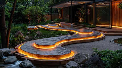 A sleek outdoor garden with interactive digital pathways and glowing plants 