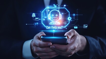 Businessman holding smartphone, holographic AI face projection, glowing blue technology icons, futuristic interface, dark background