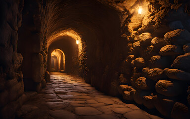 Narrow medieval catacomb passage
