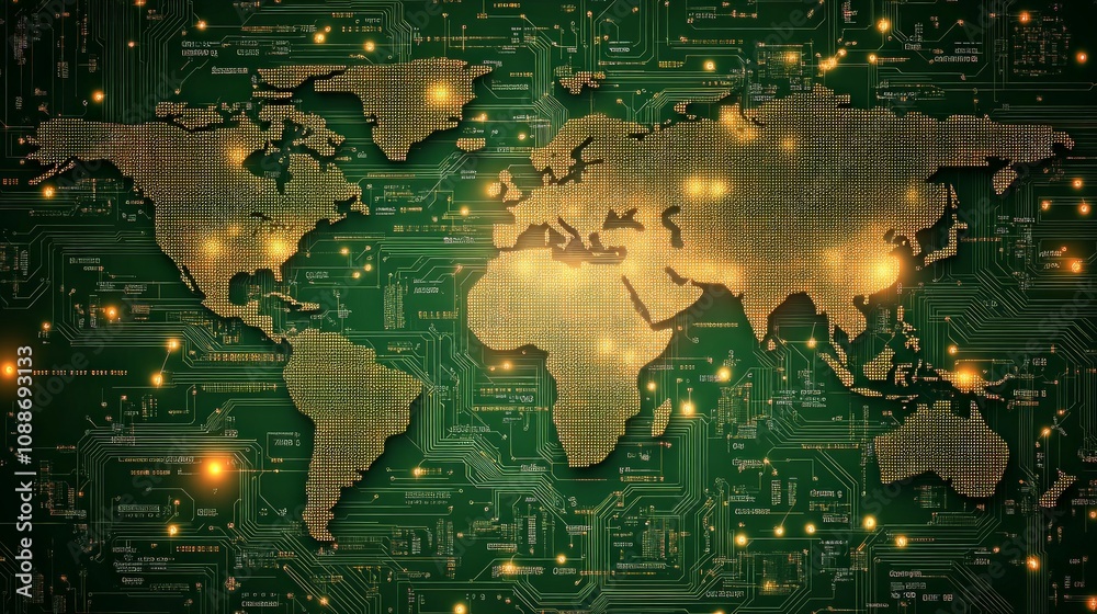 Wall mural abstract digital world map with circuit board pattern, glowing lights, showcasing global network tec