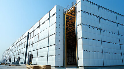Modern Industrial Warehouse Exterior Under Construction, Large Panel Walls and Open Doorway Reveal Interior Structure, Sunny Day