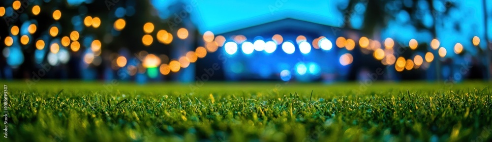 Poster a blurred view of grass with decorative lights in the background, suggesting a festive atmosphere.
