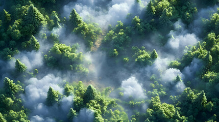 Misty Forest Path: Aerial View of Lush Green Trees and Fog