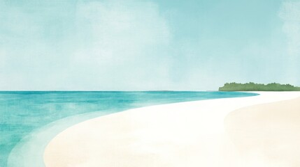 Obraz premium A watercolor painting of a beach with white sand and blue water. The horizon is a hazy blue and there is a small island with trees in the distance.