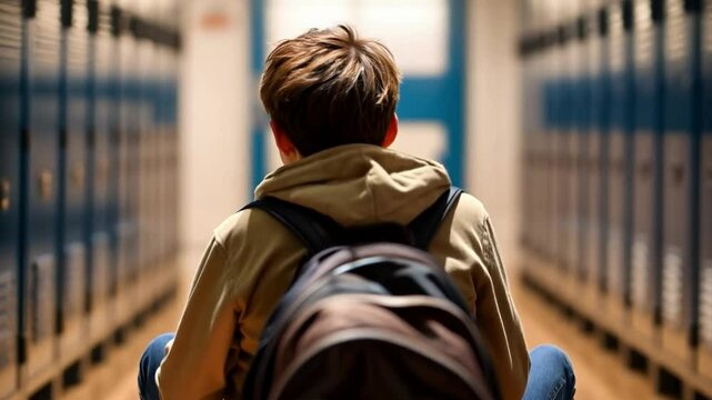 Teenage boy bullying sitting with a backpack at school corridor. Upset woman covering his face, crying. Social inequality problem. Male student victims of violence by classmates. Generative AI
