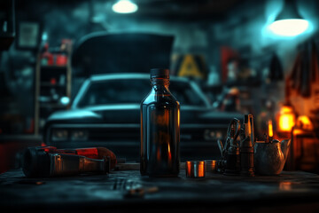 A canister of motor oil on a workbench in a garage with a car in the background and an open hood...
