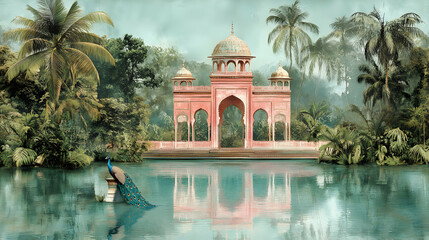 A Peacock Perched on a Stone by a Tranquil Teal Lake in Front of a Pink, Ornate Structure with Lush, Tropical Foliage Surrounding it