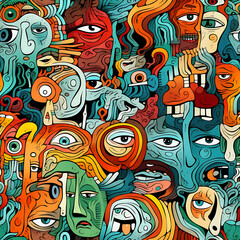 Obraz premium Face art, seamless pattern, the art of colorful faces is limitless