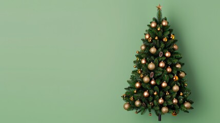 A decorated Christmas tree against a green background.