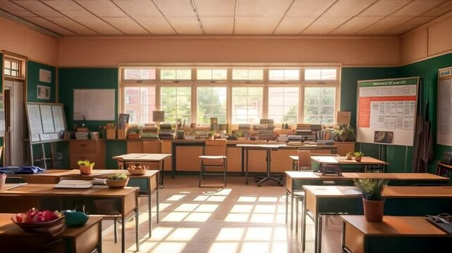 Uninhabited classroom in an educational institution bathed in lovely natural sunlight, embodying the essence of schools and scholastic pursuit. Generative AI