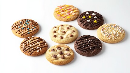 Assorted cookies arranged on a white background with different flavors and toppings, ideal for food promotion and recipe visuals.