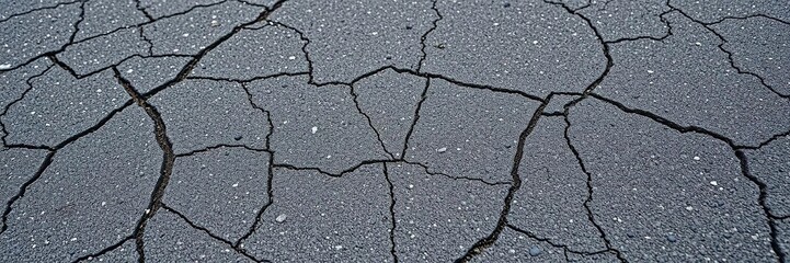 Obraz premium Close-up shot of the rough asphalt surface with visible cracks and uneven texture, emphasizing its worn-out appearance, uneven pavement, rugged terrain