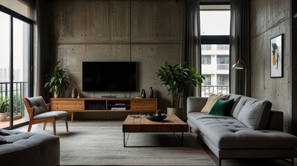 Here's a  and keyword list for your stock photo.. Modern minimalist living room with concrete wall, large windows, and wooden furniture.