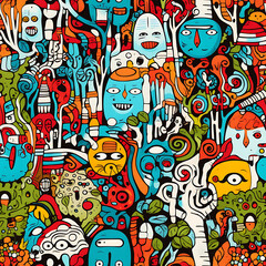 Obraz premium Face art, seamless pattern, the art of colorful faces is limitless