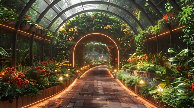 An avant-garde greenhouse with shifting holographic plants and glowing foliage 