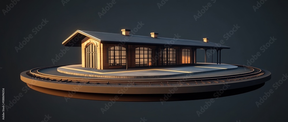 Poster a 3d model of a train station on a circular platform with a dark background.