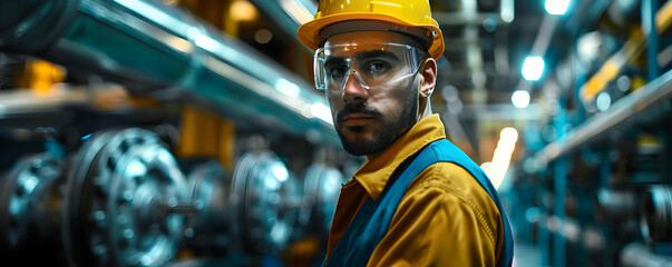 A Focused Industrial Worker Gazes Directly at the Camera, Industrial Background