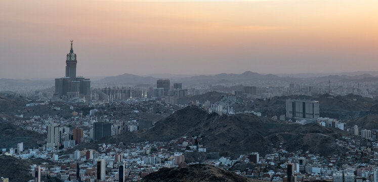 Panoramic view of Holy city of Makkah in Saudi Arabia at sunset time