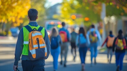 Fototapeta premium High school students in uniform heading to the bus stop, an EMT in reflective vest nearby, vibrant colors of yellow, orange, blue, and green, dynamic school environment.