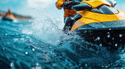 Fototapeta premium outdoor activities concept. Jet ski performing a 360-degree spin, water spiraling around, showcasing advanced skills and excitement