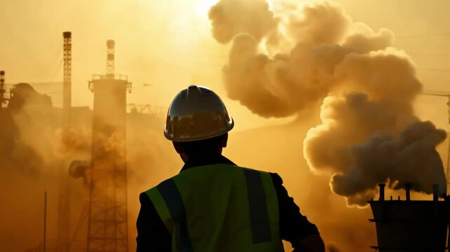 An industrial engineer stands before a smokestack belching smoke viewed from behind with a sunset painting the sky. Industrial activity and environmental pollution. Generative AI