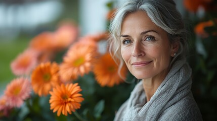 Authentic portrait of beautiful adult gray-haired woman 55 years old in the background of flowers
