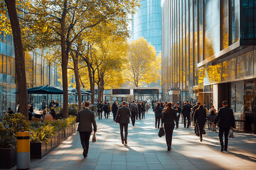 Urban Business District with Professionals Walking Amidst Modern Architecture and Autumn Trees