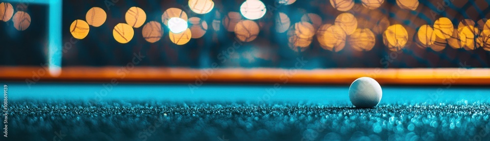 Poster a close-up of a white ball on a textured surface with blurred lights in the background.
