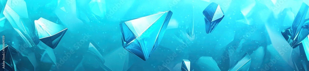 Poster a digital artwork featuring floating, crystalline structures in a blue, ethereal background.