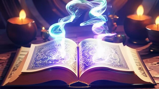 Magic book with spells and candles. Open book with ornate illustrations emits mystical energy, among candles and coins. For fantasy intros, game lore. Unveiling hidden power, ancient truths.