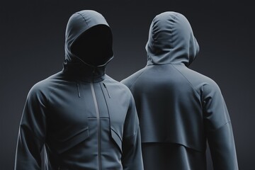 Shadowy Silhouette: A minimalist, hooded jacket in a muted blue hue stands against a stark, dark backdrop, capturing a sense of mystery and intrigue.