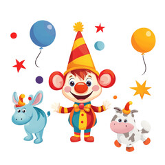 Obraz premium Happy Circus Clown with Animals and Balloons