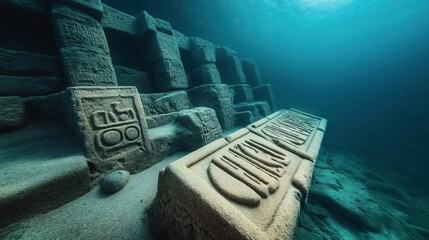 Underwater ancient stone ruins with carved inscriptions and symbols partially covered by sand in a...