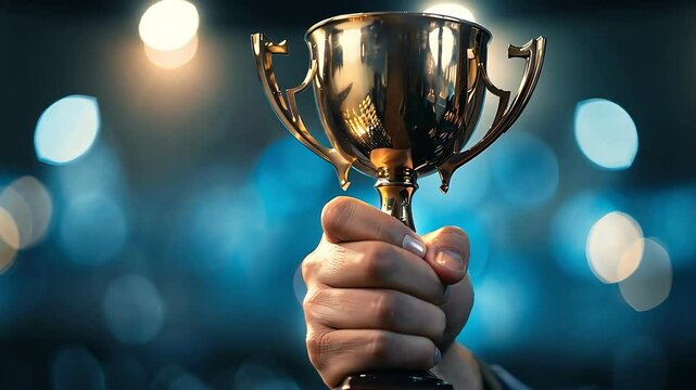 A gold trophy cup being handed to a winner on stage