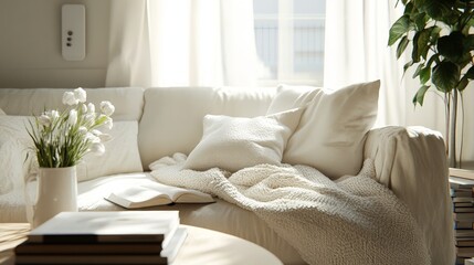 Fototapeta premium Cozy Living Space, Inviting white sofa, elegant coffee table, scattered books, serene ambiance, soft throw blanket draped over, perfect for relaxation and quiet moments.