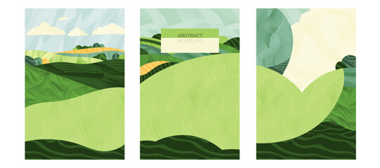 Organic agriculture: rice, tea, soy, wheat, vineyard. Vintage texture vector illustration, abstract design on paper. Eco-friendly farmland, green hills, sky, paddy, minimal graphic collage poster