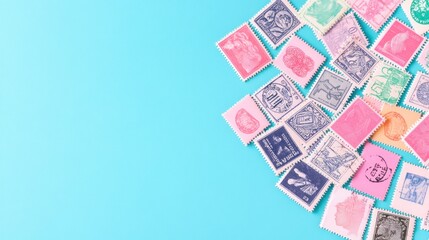 A collection of colorful postage stamps on a blue background.