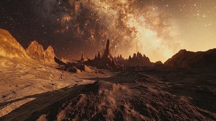 Obraz premium A breathtaking cosmic landscape featuring alien terrain under a starry sky, evoking a sense of wonder