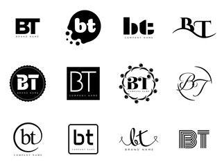 BT logo company template. Letter b and t logotype. Set different classic serif lettering and modern bold text with design elements. Initial font typography.