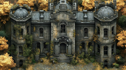 Obraz premium Overgrown Mansion: Autumnal Decay, Stone Structure, Abandoned Grandeur, Ancient Mystery, Enigmatic Ruins