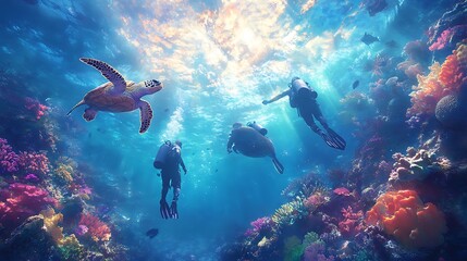 Obraz premium Scuba diving adventure with sea turtles coral reef underwater ocean