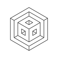 Cube logo, geometric vector design. Monochrome box logotype company, trendy techno emblem in isometric line style.