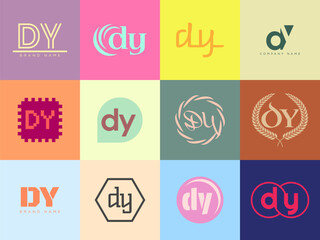 DY logo company template. Letter d and y logotype. Set different classic serif lettering and modern bold text with design elements. Initial font typography.