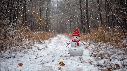 Fototapeta premium Happy snowman in a red hat in the winter forest snowfall