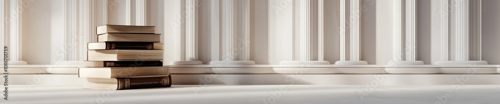 Aufkleber A stack of books rests against a backdrop of classical columns in a serene environment.