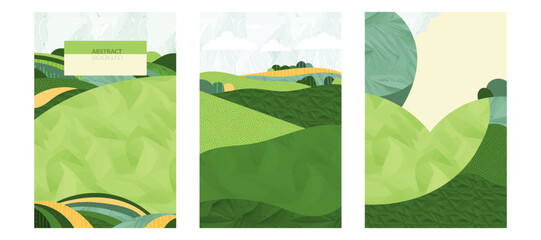 Vintage agriculture design, abstract pattern, flat vector illustration of farm field, green vineyard, rice, wheat, corn, grape, tea, paddy, rural village, nature, eco sustainable spring landscape