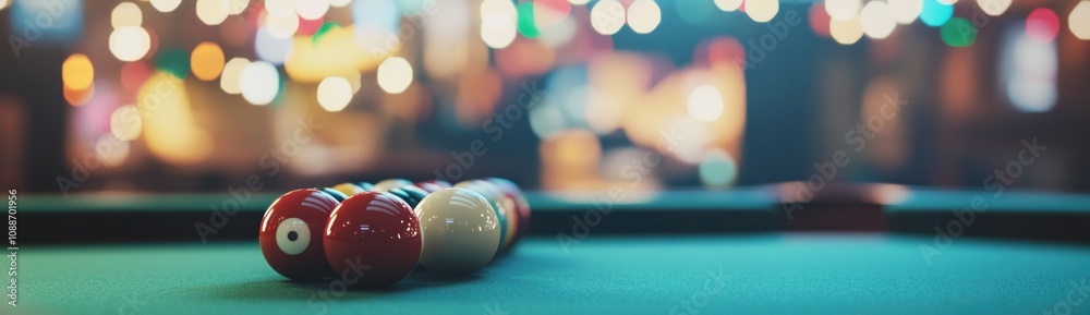 Aufkleber a close-up of a pool table with billiard balls arranged, blurred lights in the background.